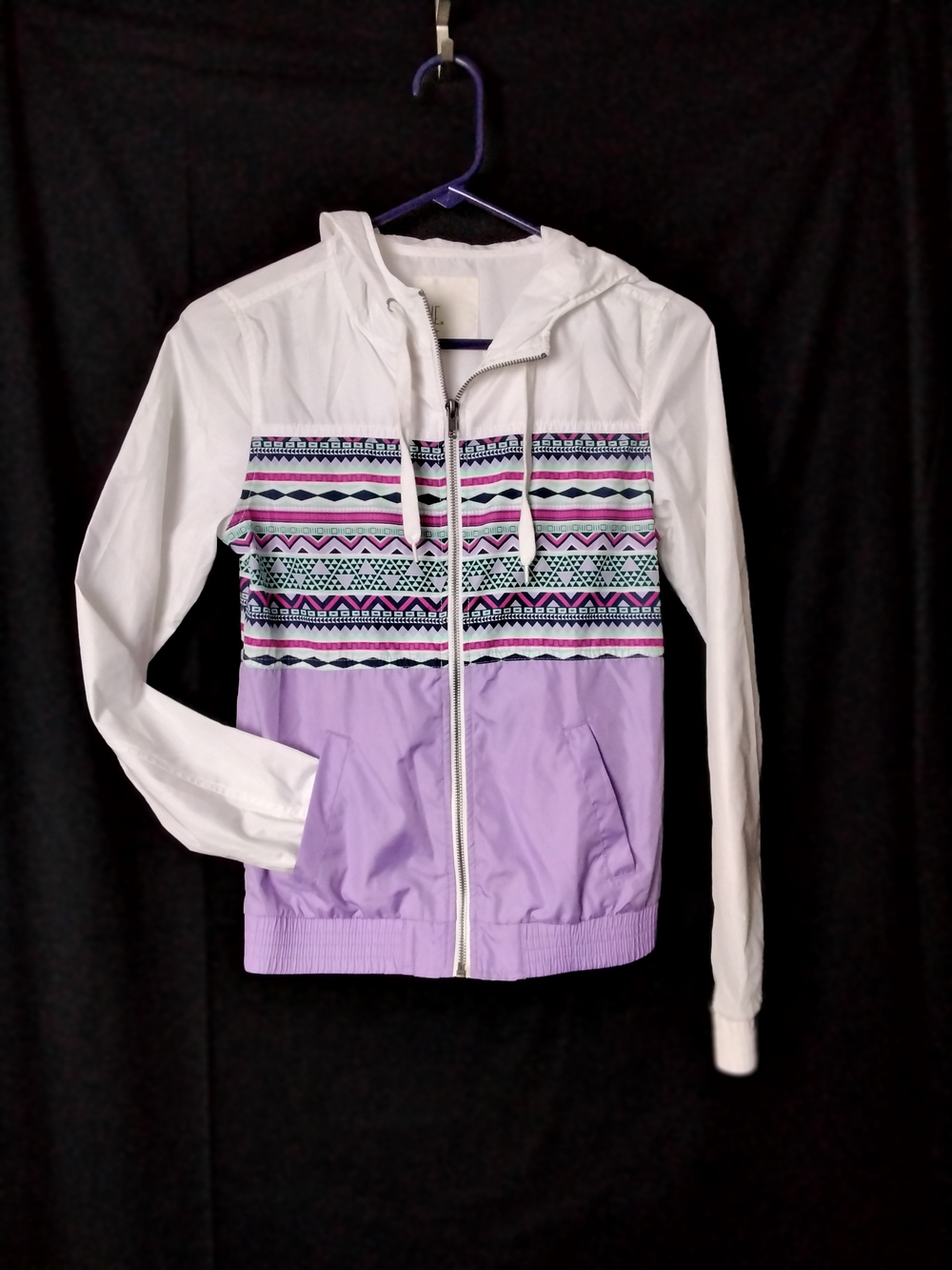 Zine Clothing White and Lavender Hooded Zip Bomber Jacket with Aztec Panel